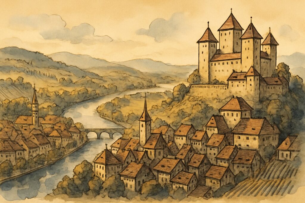 Illustration eines Habsburger Schlosses im Aargau über der Aare