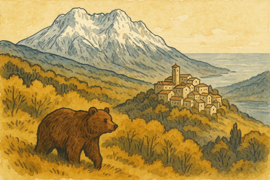 Illustration des Gran-Sasso-Massivs mit der Bergfestung Rocca Calascio in den Abruzzen