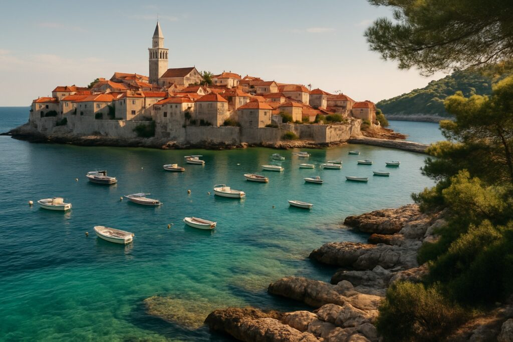 Kroatische Adriaküste mit rot gedeckter Altstadt, Glockenturm und türkisem Wasser in Dalmatien