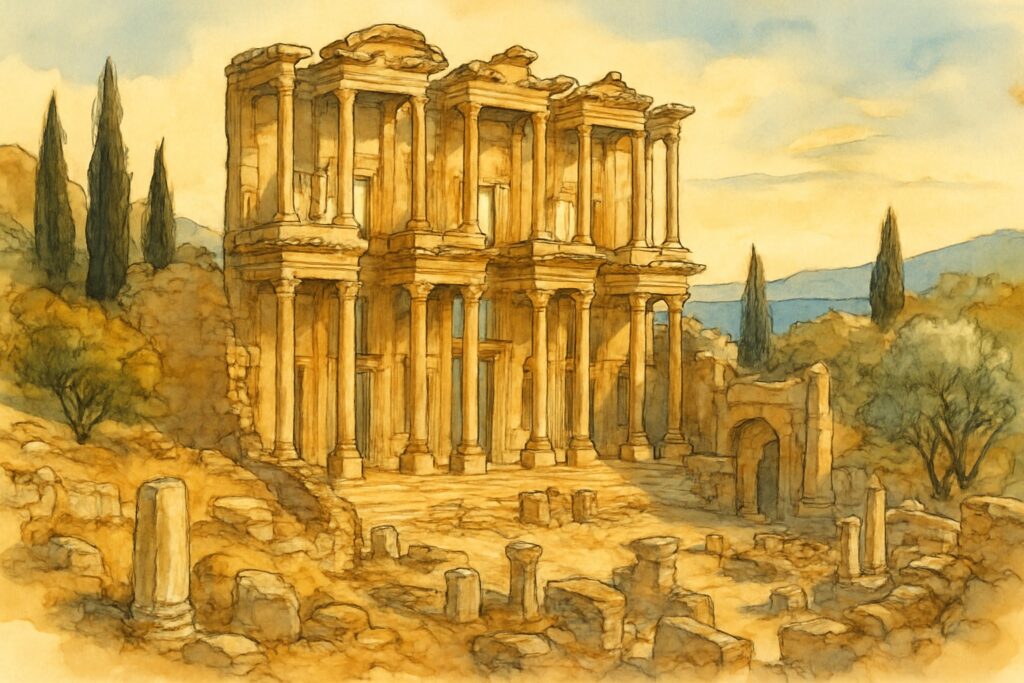 Illustration der antiken Celsus-Bibliothek von Ephesos an der türkischen Ägäisküste
