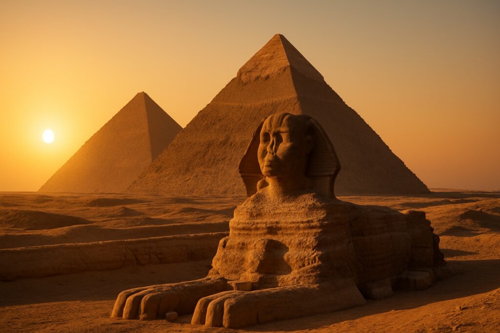 Die Pyramiden von Gizeh und der Große Sphinx in Ägypten im goldenen Licht des Sonnenuntergangs