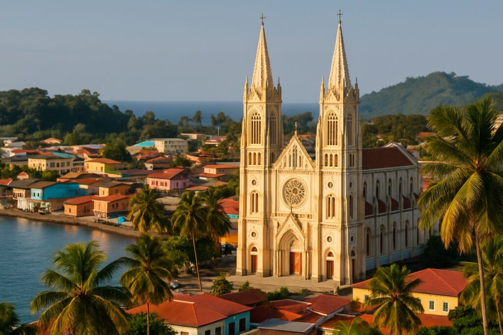 Die neugotische Kathedrale Santa Isabel in Malabo auf der Insel Bioko in Äquatorialguinea, ihre hellen Doppeltürme über der farbenfrohen Bucht und Palmen