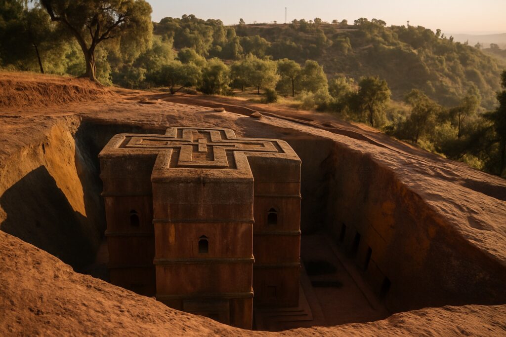 Die aus dem Fels gehauene Kirche Bete Giyorgis (Sankt Georg) in Lalibela, Äthiopien, die kreuzförmige monolithische Kirche in den rötlichen Fels gemeißelt, von oben gesehen