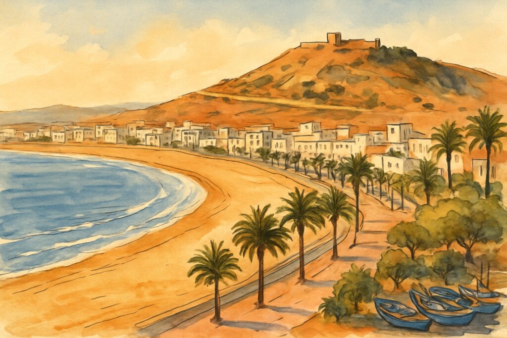 Illustration von Agadir mit langem Sandstrand und Palmenpromenade am Atlantik, einer Kasbah auf dem Hügel und Arganbäumen