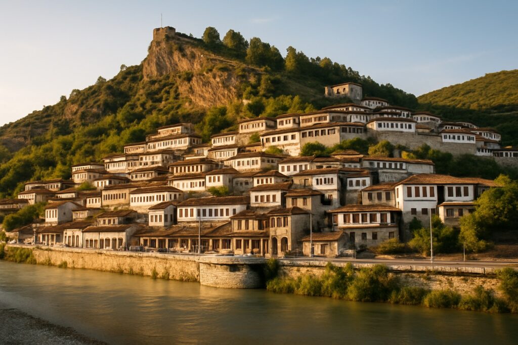 Die historische osmanische Stadt Berat in Albanien, weiß getünchte Steinhäuser mit vielen Fenstern am grünen Hang über dem Fluss Osum, die alte Burg darüber