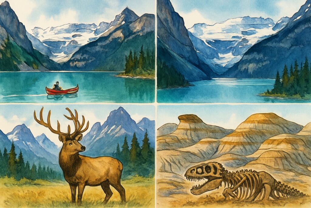 Illustration der Provinz Alberta mit dem türkisen Lake Louise und dem Victoria-Gletscher, den schneebedeckten Rocky Mountains, dem Columbia Icefield, einem Wapiti und den Badlands von Drumheller, Kanada