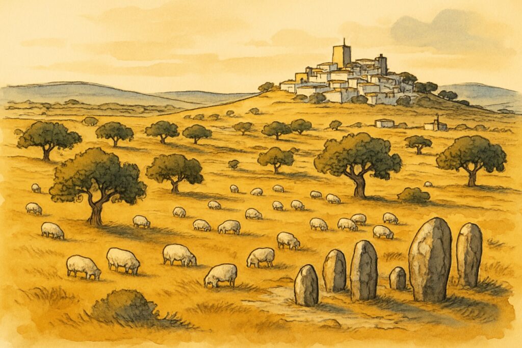 Illustration der Korkeichen-Landschaft des Alentejo mit dem weißen Bergdorf Monsaraz und dem Alqueva-Stausee, Portugal