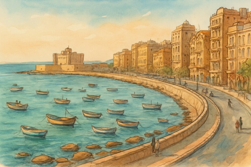 Illustration von Alexandria am Mittelmeer mit der Corniche, der Zitadelle Qaitbay im Hafen und der Bibliotheca Alexandrina