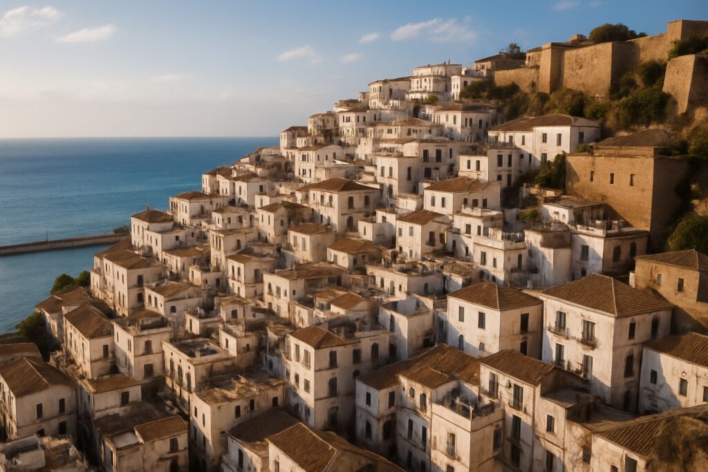 Die weiße Kasbah von Algier, die sich am Hang zur blauen Mittelmeerbucht hinabzieht, dicht gedrängte weiße Häuser und alte Festungsmauern im warmen Nachmittagslicht