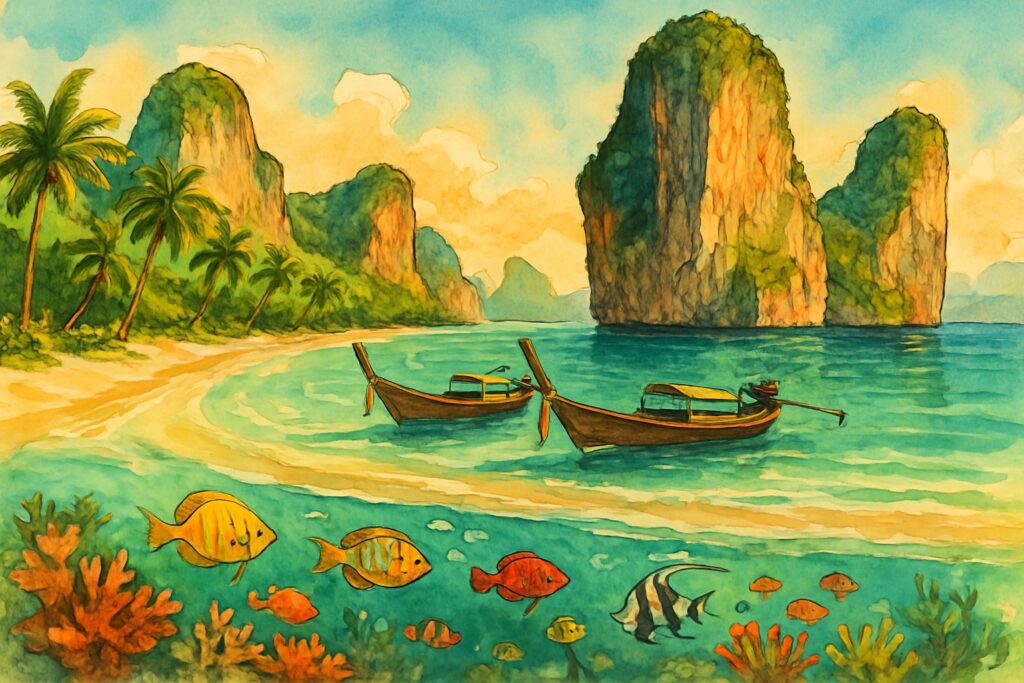 Illustration der Andamanküste Thailands mit senkrechten Kalksteinfelsen im türkisen Meer bei Krabi und Phuket, weißen Stränden, Longtailbooten und Korallenriffen