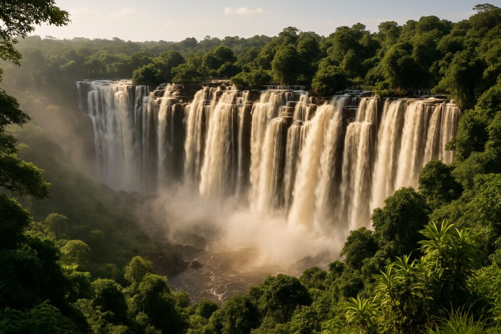 Die Kalandula-Wasserfälle in Angola, einer der größten Wasserfälle Afrikas, ein breiter Wasservorhang, der über eine hufeisenförmige Felskante in eine grüne Schlucht stürzt