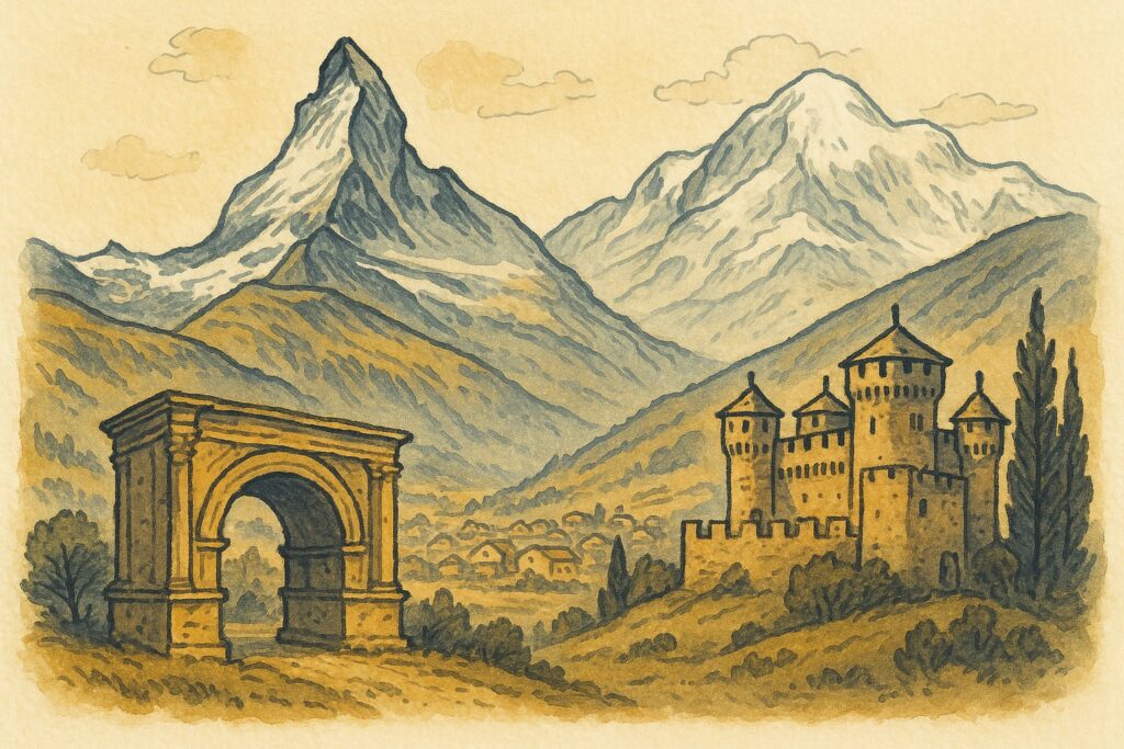 Illustration des Matterhorns über dem Aostatal mit der mittelalterlichen Burg Fénis