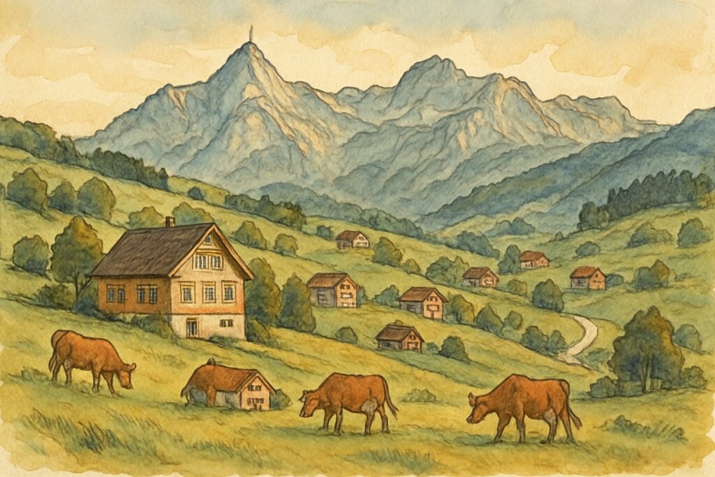 Illustration der grünen Appenzeller Hügel mit bemalten Häusern vor dem Alpstein und Säntis