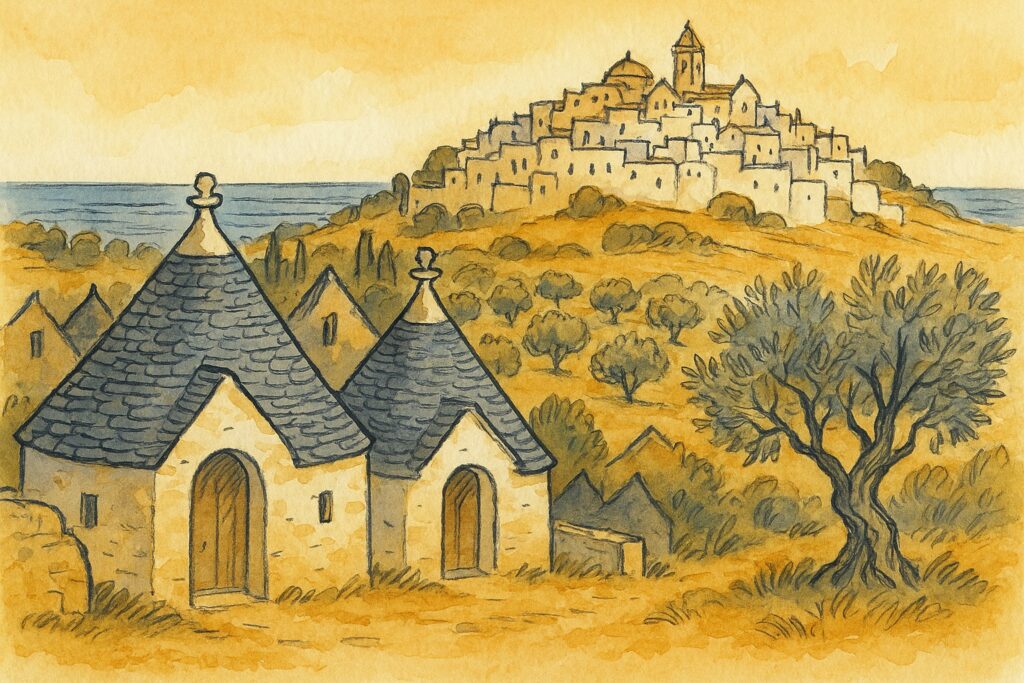 Handgezeichnete Illustration der Trulli von Alberobello mit dem weißen Ostuni und Olivenhainen