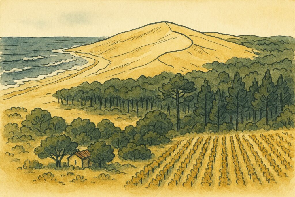 Handgezeichnete Illustration der Dune du Pilat bei Arcachon mit Atlantikküste und Weinbergen