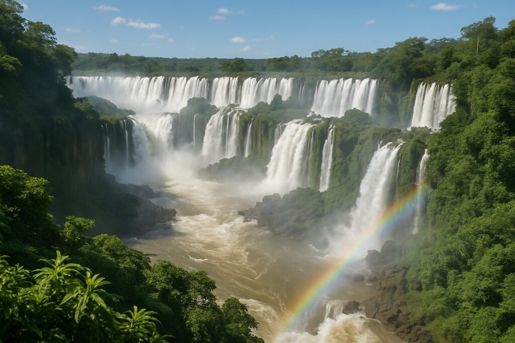 Die Wasserfälle von Iguazú an der Grenze Argentiniens stürzen inmitten üppigen Regenwaldes in die Schlucht, mit Gischt und einem Regenbogen