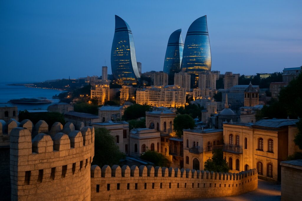 Die Flame Towers über der Altstadt von Baku in Aserbaidschan zur blauen Stunde, historische Stadtmauern im Vordergrund und das Kaspische Meer dahinter