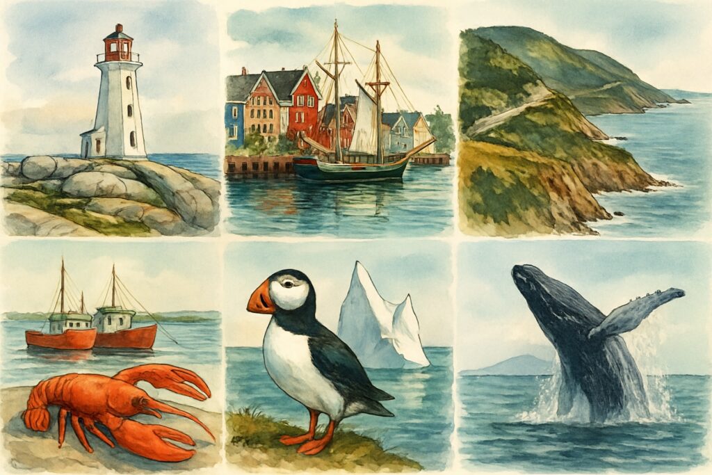 Illustration von Atlantik-Kanada mit dem Leuchtturm von Peggy's Cove, den bunten Hafenhäusern von Lunenburg, den Klippen des Cabot Trail, einem Hummer, einem Eisberg vor Neufundland und einem Papageientaucher, Kanada