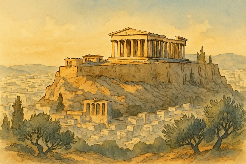 Illustration von Athen mit der Akropolis und dem Parthenon über der Altstadt Plaka, dem Piräus-Hafen und der Ägäis, Attika
