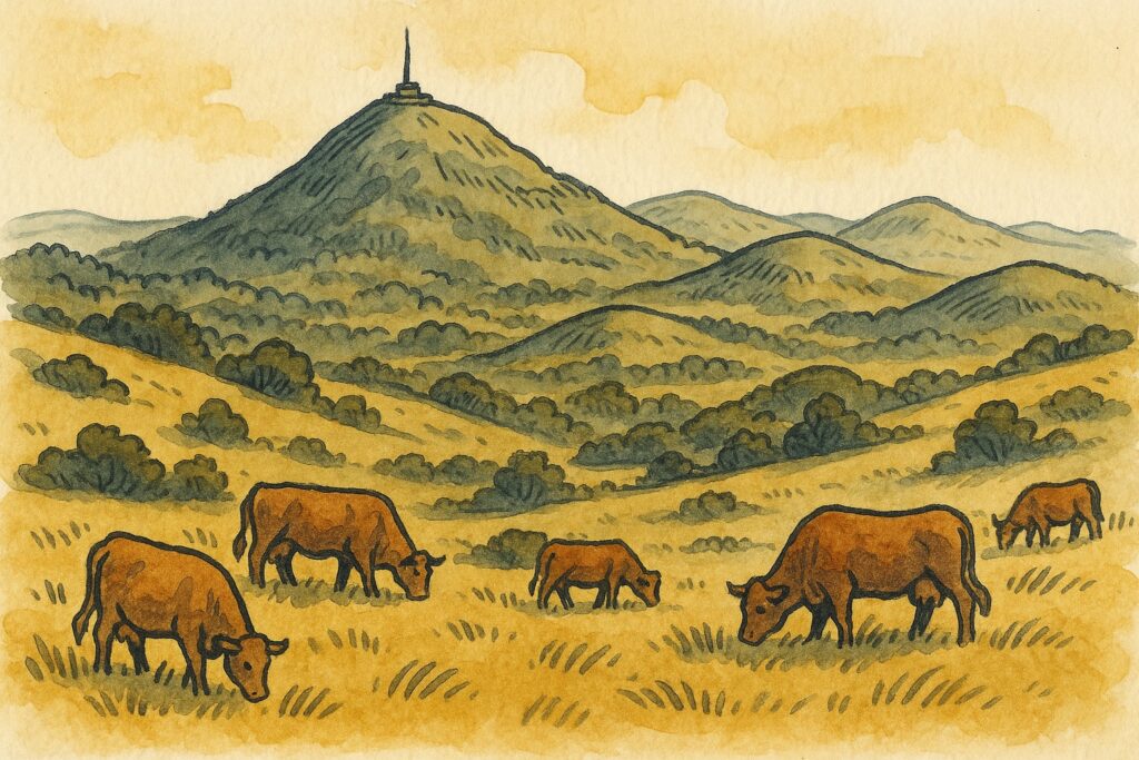 Handgezeichnete Illustration der Vulkane der Chaîne des Puys mit dem Puy de Dôme in der Auvergne