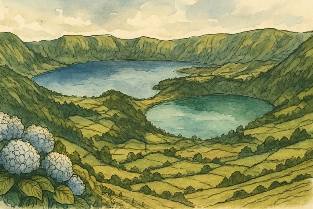 Illustration der Kraterseen von Sete Cidades auf São Miguel mit grünen Vulkanhängen im Atlantik, Azoren