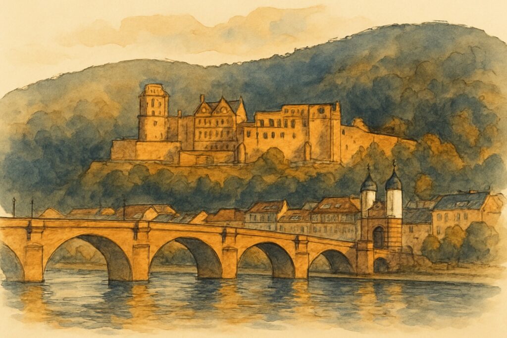 Illustration von Heidelberger Schloss und Neckar mit Schwarzwald, Baden-Württemberg