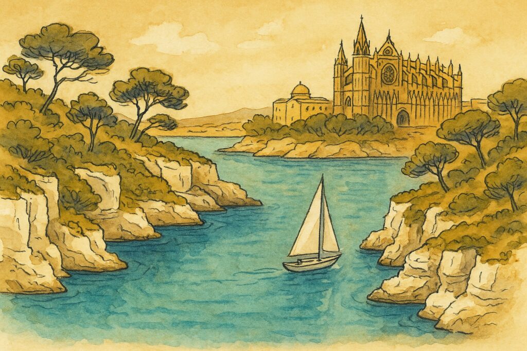 Illustration der Balearen mit Buchten Mallorcas, der Serra de Tramuntana und Ibiza