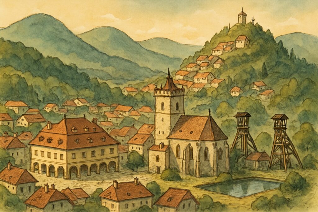 Illustration einer Bergbaustadt mit Arkadenplatz in einem Talkessel, den bewaldeten Bergen der Niederen Tatra und der UNESCO-Bergstadt Banská Štiavnica am Hang mit Burg und Kalvarienberg