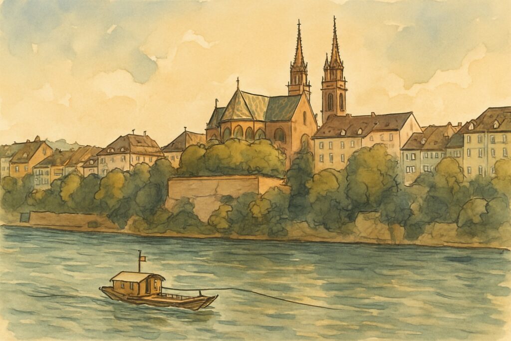 Illustration der Altstadt von Basel am Rhein mit dem roten Basler Münster
