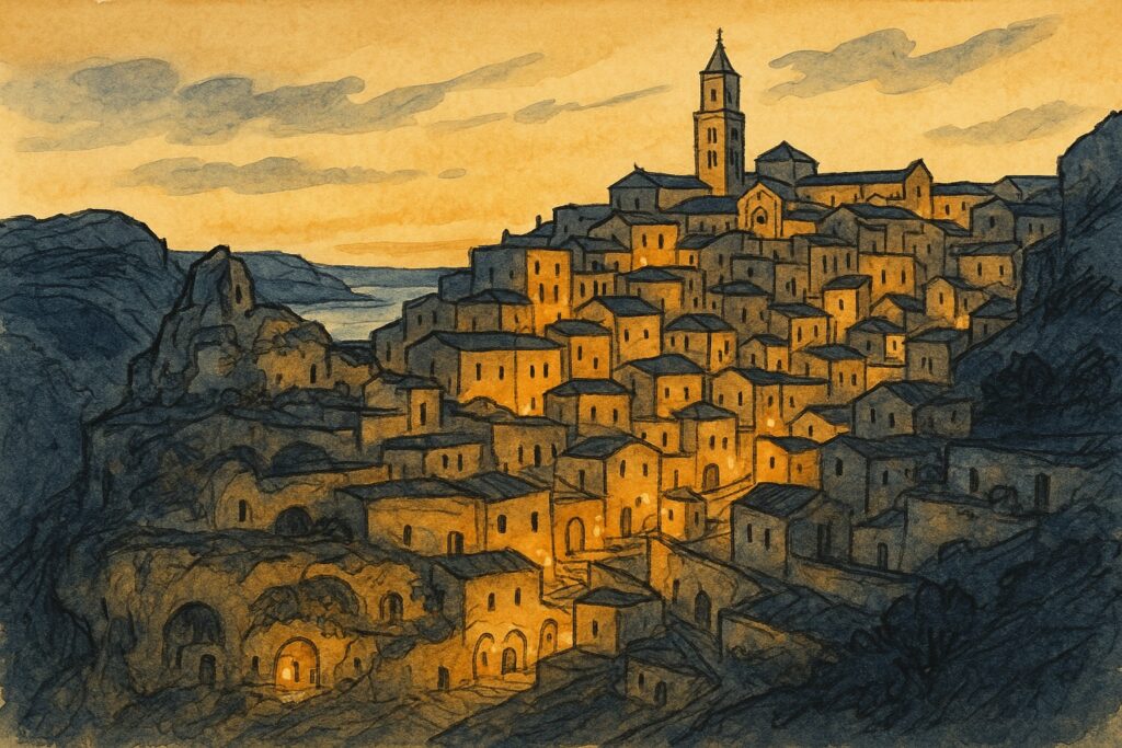 Illustration der Sassi-Höhlenstadt von Matera in der Basilikata