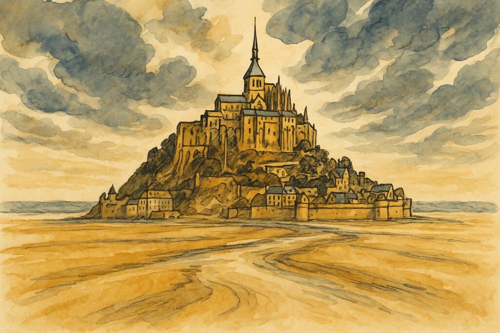 Handgezeichnete Illustration des Mont-Saint-Michel im Wattenmeer