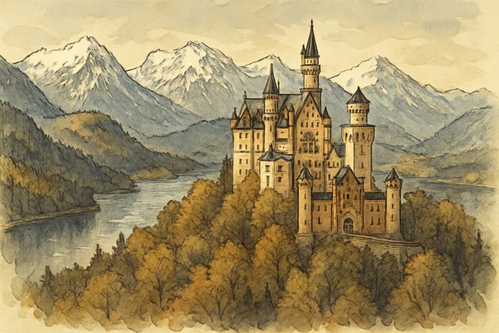 Illustration von Schloss Neuschwanstein vor den Bayerischen Alpen, Bayern