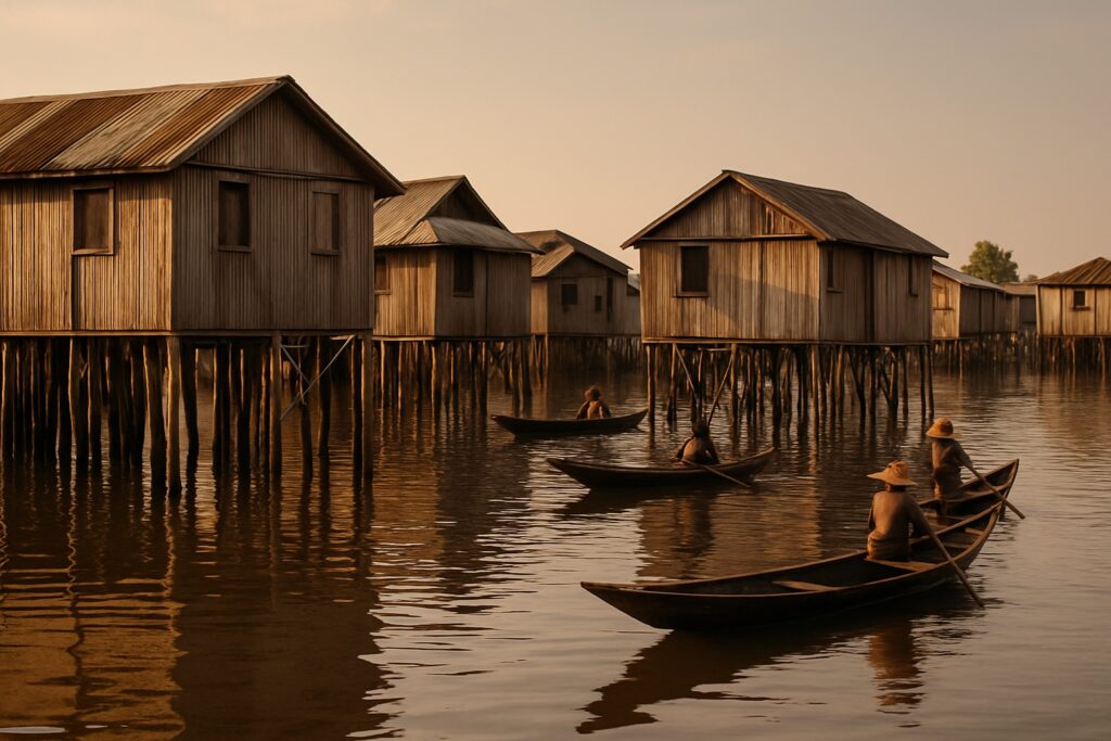 Das Pfahldorf Ganvié auf dem Nokoué-See in Benin, Holzhäuser auf hohen Stelzen über dem ruhigen Wasser, zwischen denen schlanke Einbäume gleiten