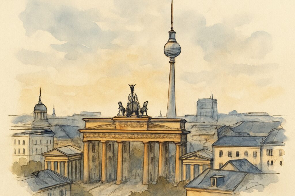 Illustration der Berliner Skyline mit Brandenburger Tor und Fernsehturm, Berlin