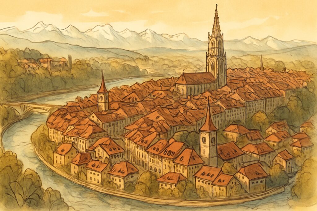Illustration der UNESCO-Altstadt von Bern in der Aareschleife mit Münsterturm und den Berner Alpen
