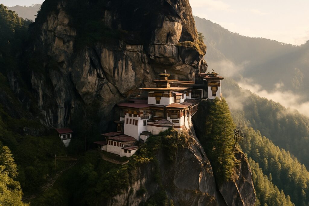 Das Kloster Taktshang (Tigernest) klammert sich an eine steile Felswand hoch über dem grünen Paro-Tal in Bhutan, Morgennebel und bewaldete Berge