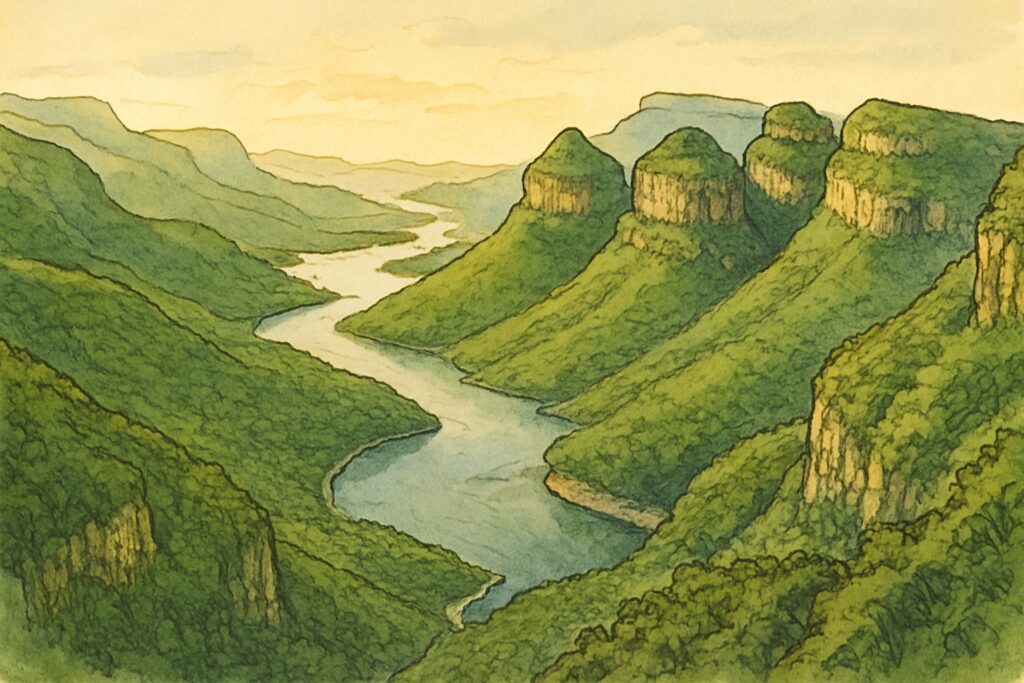 Illustration des Blyde River Canyon mit den Three Rondavels über dem Fluss, Panorama Route, Mpumalanga