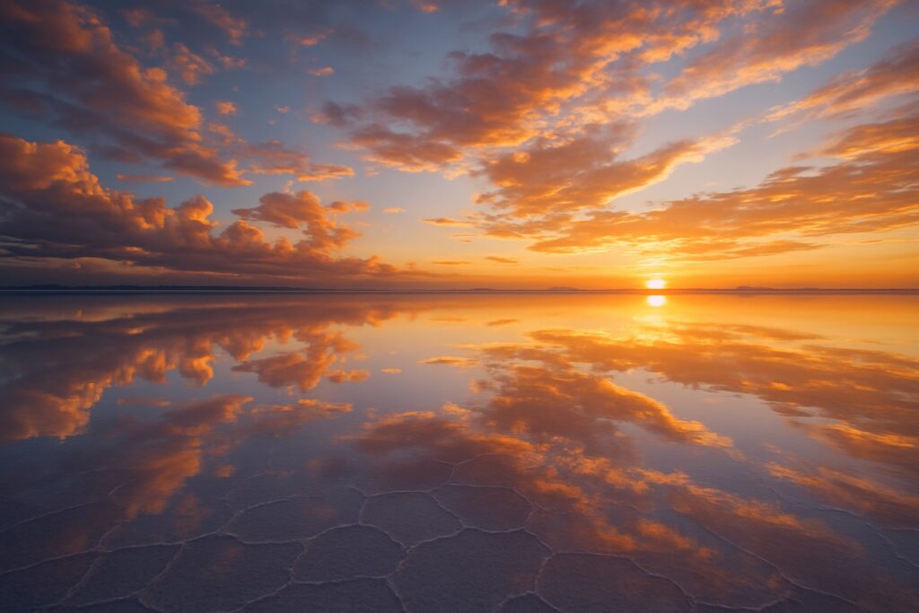 Der riesige Salzsee Salar de Uyuni in Bolivien bei Sonnenuntergang, in dem sich der bunte Himmel auf einer dünnen Wasserschicht spiegelt