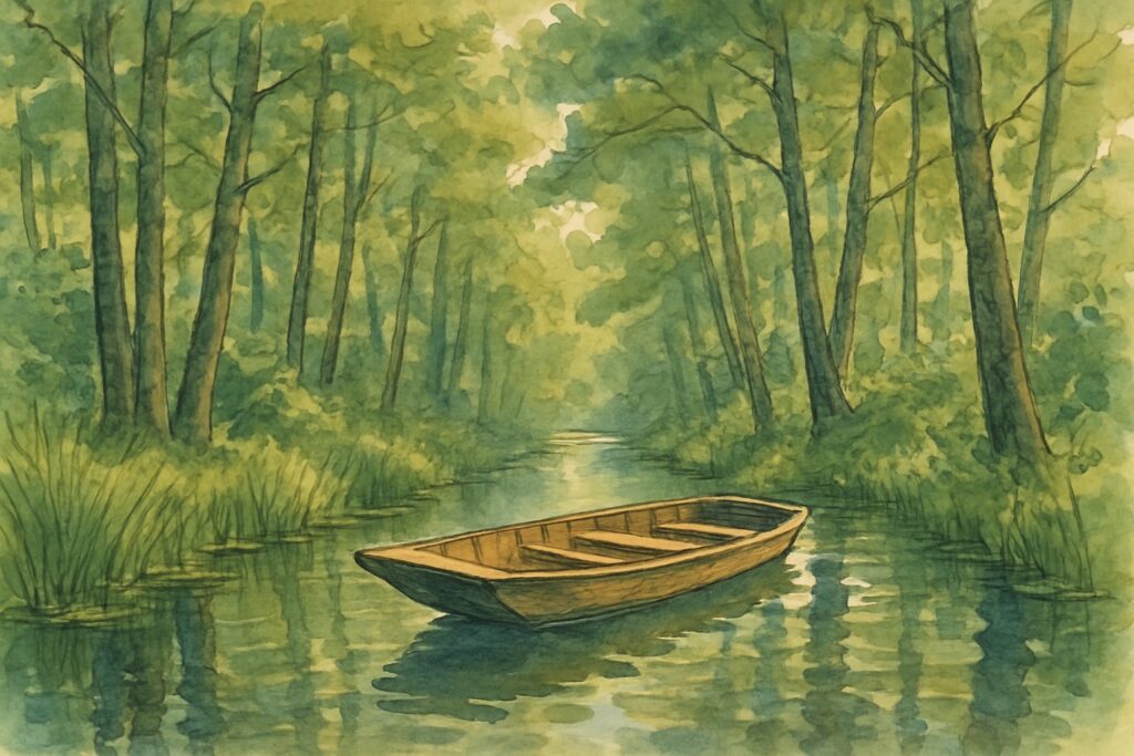 Illustration eines Spreewaldkahns auf einem Fließ, Brandenburg