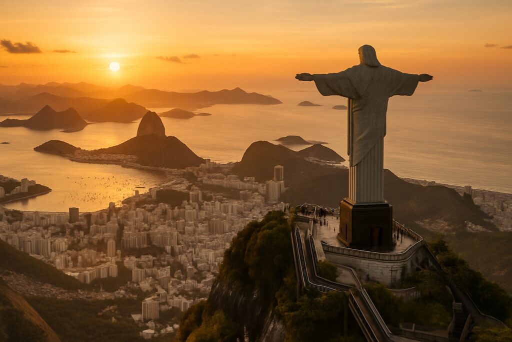 Luftaufnahme von Rio de Janeiro, Brasilien, bei Sonnenuntergang mit der Christusstatue auf dem Corcovado, dem Zuckerhut und der Guanabara-Bucht