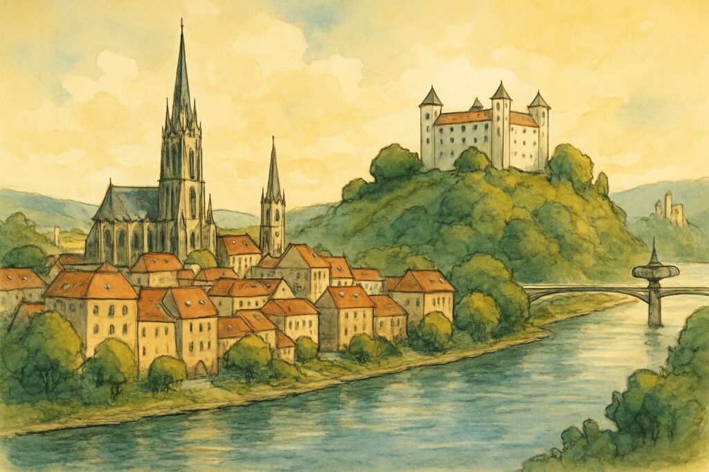 Illustration von Bratislava mit dem gotischen Martinsdom, der weißen Burg mit vier Türmen über der Donau, der SNP-Brücke mit Aussichtsturm und der Burgruine Devín am Zusammenfluss von Donau und March