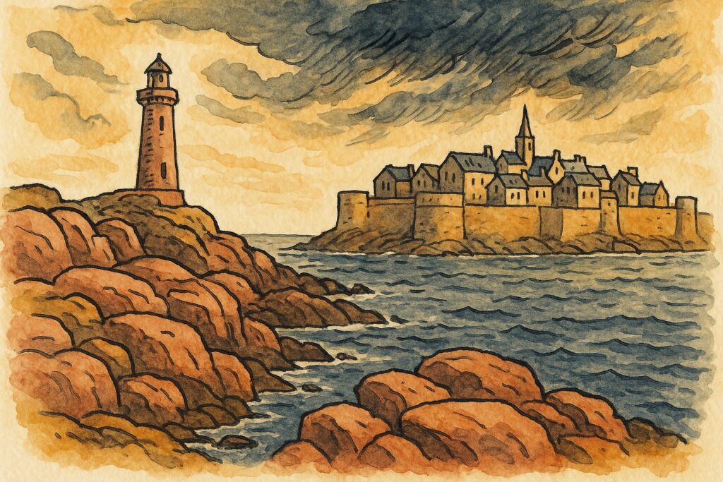 Handgezeichnete Illustration der zerklüfteten Atlantikküste der Bretagne mit Leuchtturm
