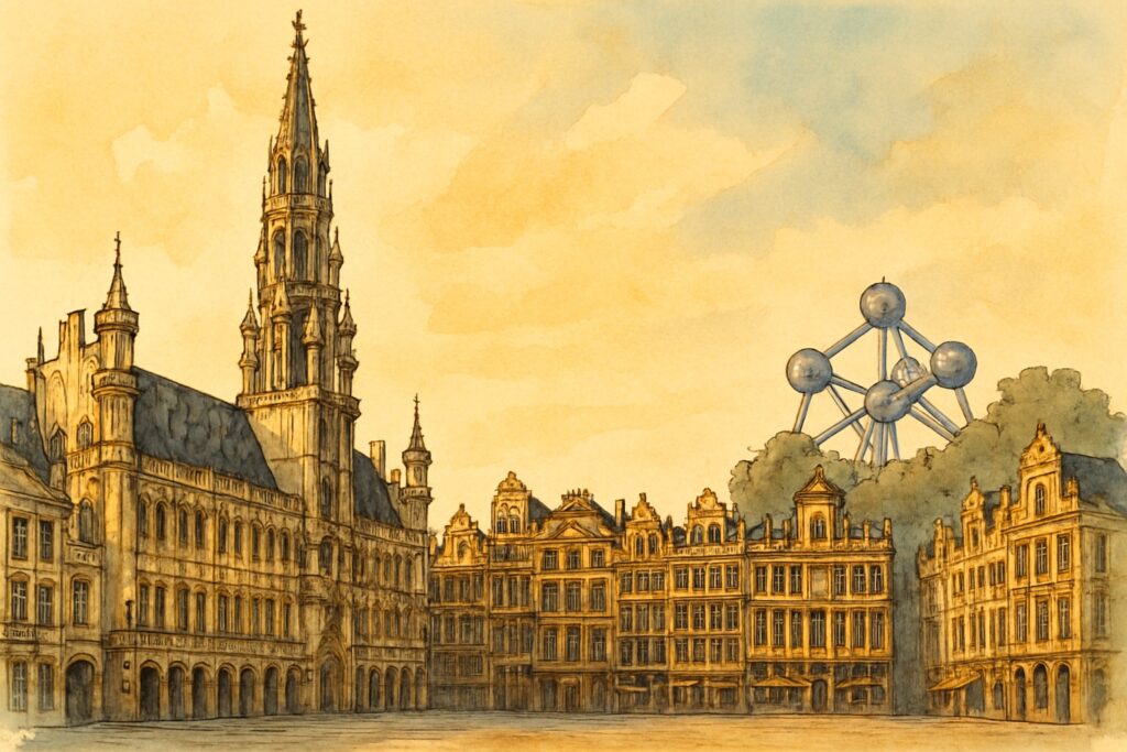 Illustration des Grand-Place von Brüssel mit gotischem Rathausturm und barocken Zunfthäusern sowie dem Atomium
