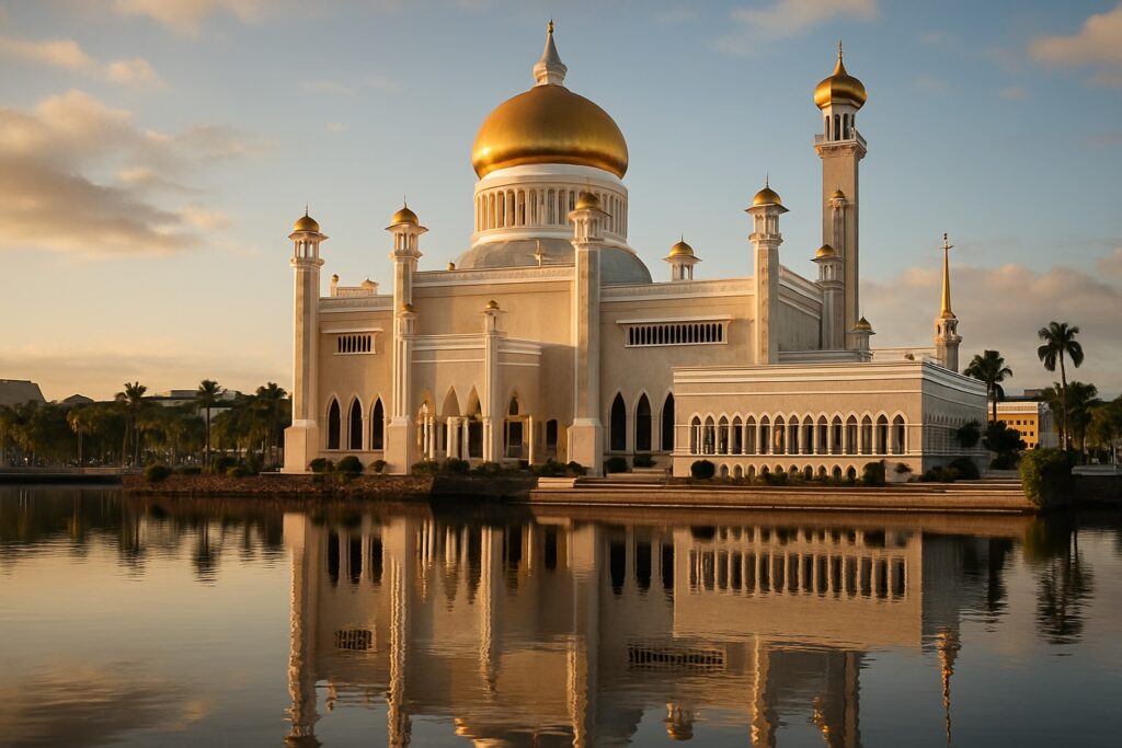 Die Sultan-Omar-Ali-Saifuddin-Moschee in Bandar Seri Begawan in Brunei, ihre goldene Kuppel und die weißen Marmorminarette, gespiegelt im ruhigen Wasser der Lagune