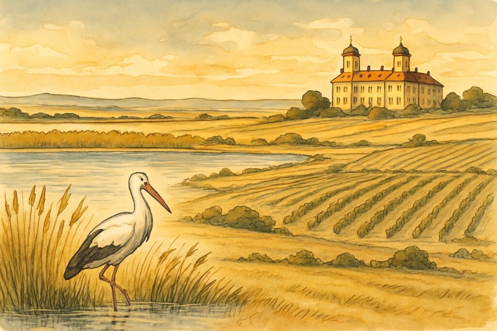 Illustration des schilfgesäumten Neusiedler Sees im Burgenland mit Weinbergen, einem Storch und einem Schloss in der weiten Ebene