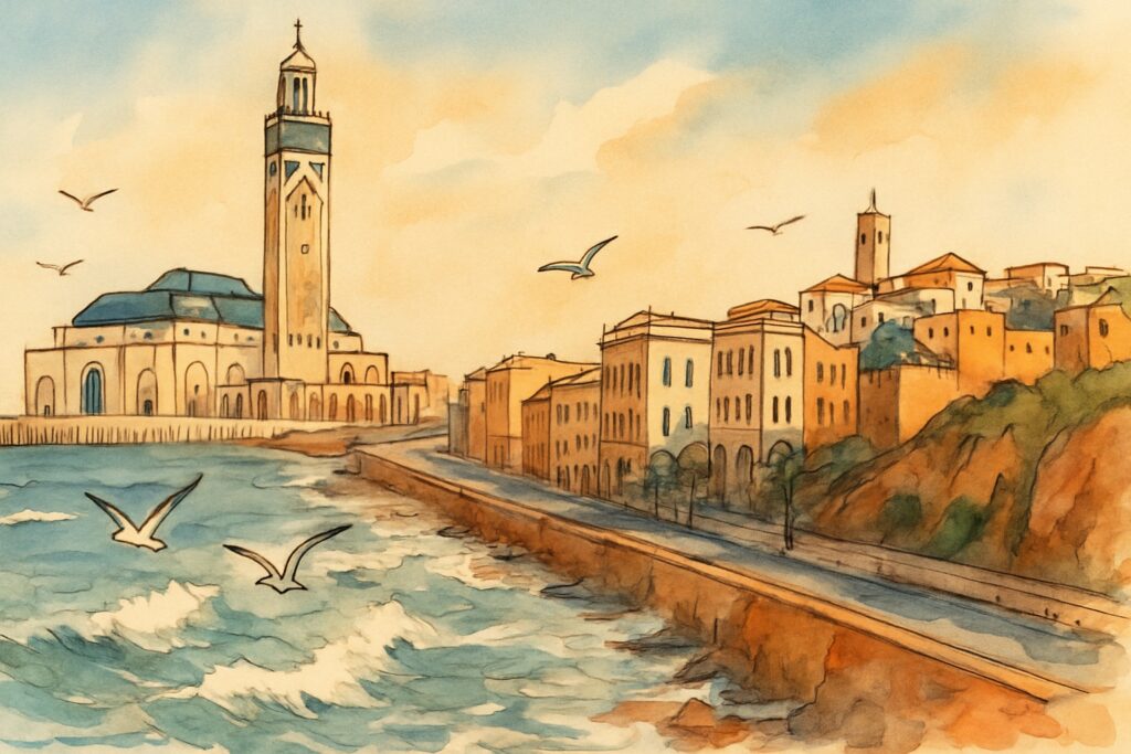 Illustration der marokkanischen Atlantikküste mit der Hassan-II-Moschee von Casablanca und der Kasbah des Oudayas in Rabat