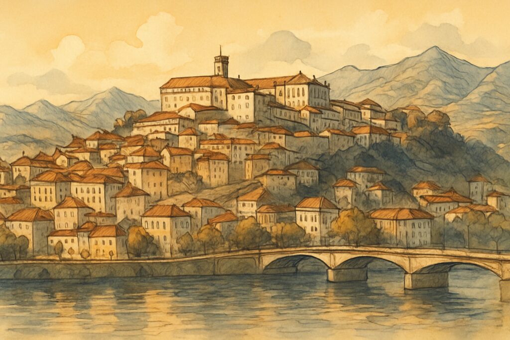 Illustration der Universität von Coimbra über dem Fluss Mondego, Zentralportugal