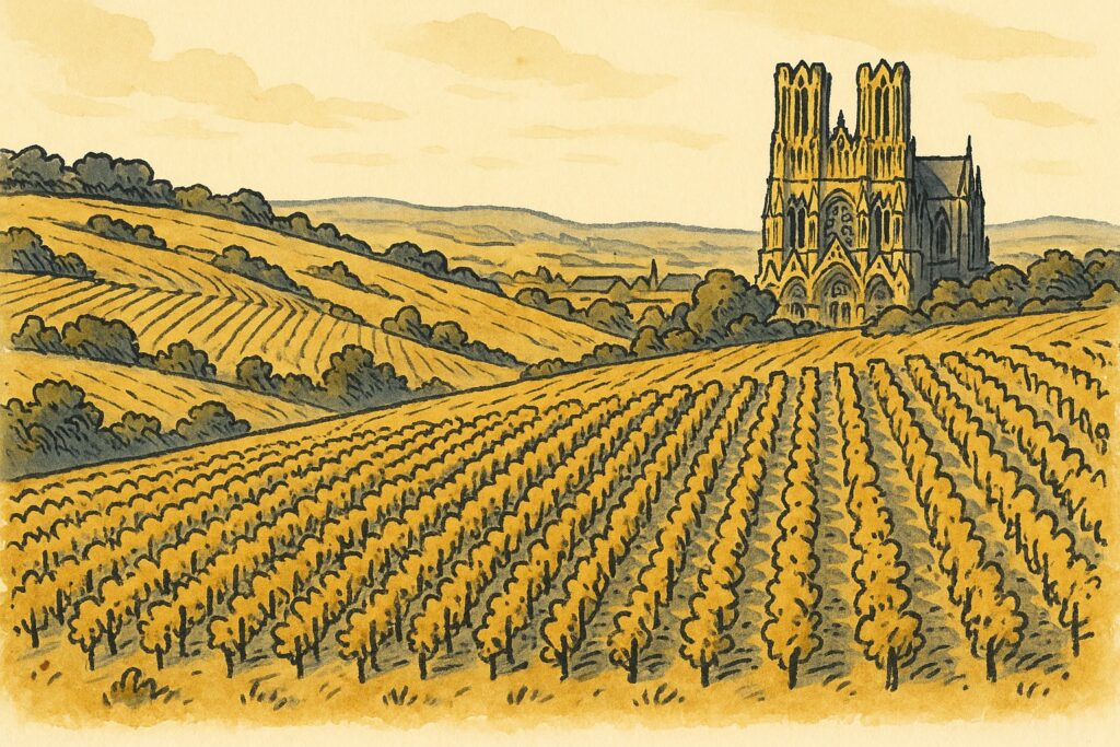 Handgezeichnete Illustration der Champagne-Weinberge mit der Kathedrale von Reims