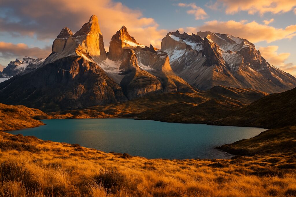 Die Granittürme des Nationalparks Torres del Paine in Patagonien, Chile, erheben sich bei Sonnenaufgang über einem türkisen Gletschersee
