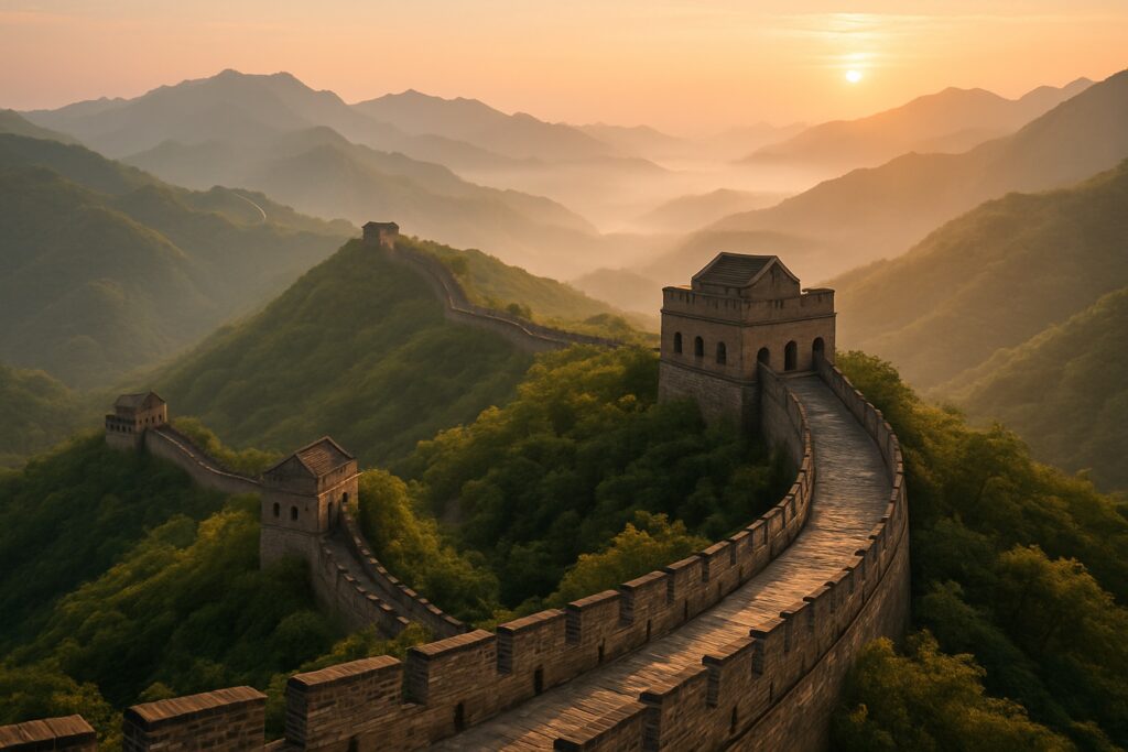 Die Chinesische Mauer bei Mutianyu nahe Peking schlängelt sich im goldenen Morgenlicht über die bewaldeten Bergkämme, China